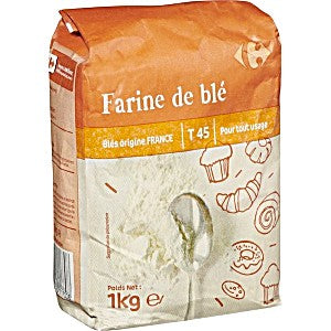 Farine de blé tout usage classique française T45, sac de 1 kg (2,2 lb)