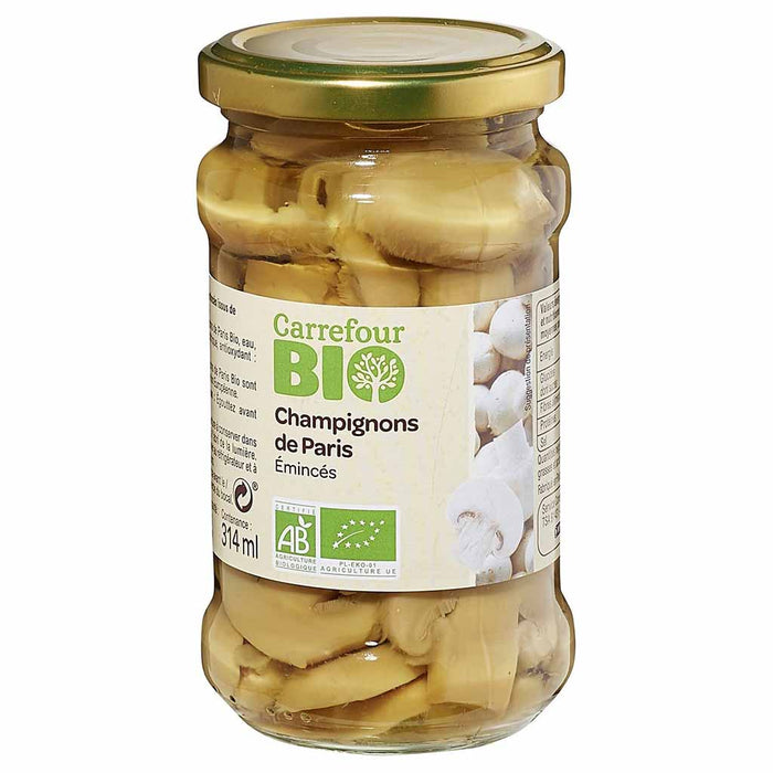 Carrefour Organic Sliced Button Mushrooms, 280g (9.8oz) Jar