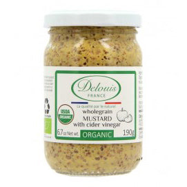 Moutarde à grains entiers biologique Delouis avec vinaigre de cidre, pot de 190 g (6,7 oz)