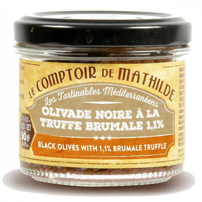 Mathilde - Olives noires à la truffe Brumale 1%, pot de 3,17 oz (90 g)