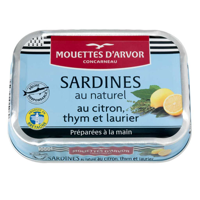 Mouettes d'Arvor - Sardines entièrement naturelles au citron, au thym et au laurier, 4oz (115g)