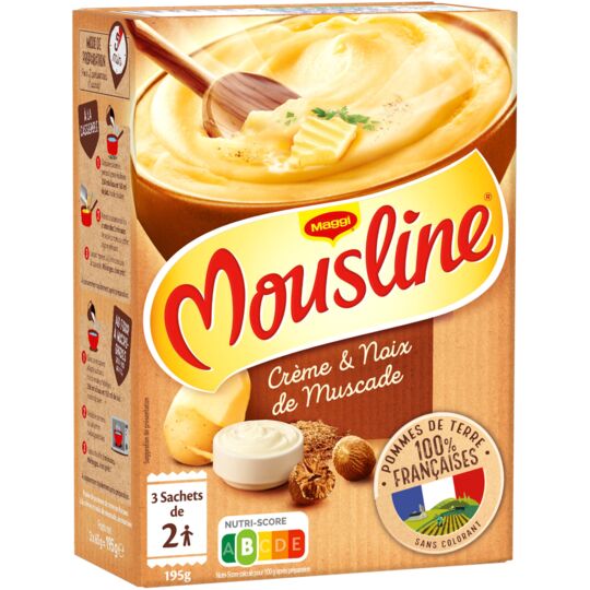 Maggi Mousline purée de pommes de terre crème et noix de muscade 3 sachets pour 2 personnes, 195 g (6,9 oz)